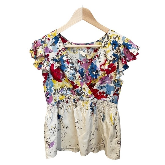 ANTHROPOLOGIE Edme & Esyllte 100% Silk Watercolor Floral Flutter Sleeve Blouse - Picture 2 of 8
